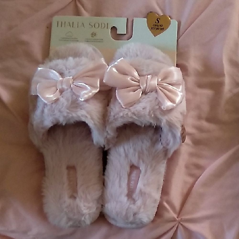 Thalia Sodi Blush Faux Fur Slide Slippers with Satin Bow